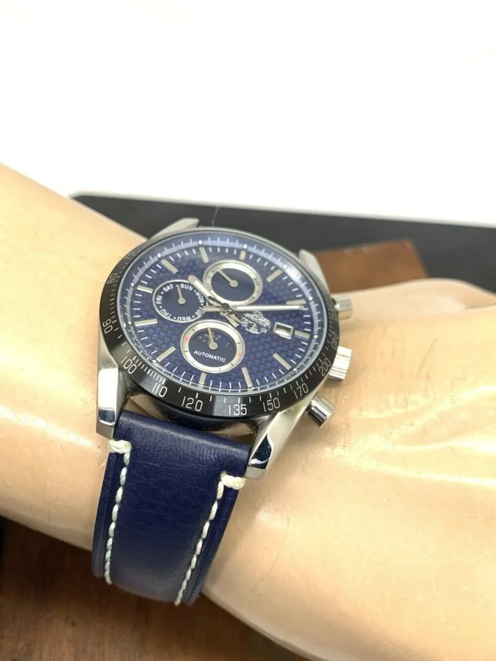 SUG Men's Watch Automatic Chronograph Blue Dial Day Night Leather Strap 40mm